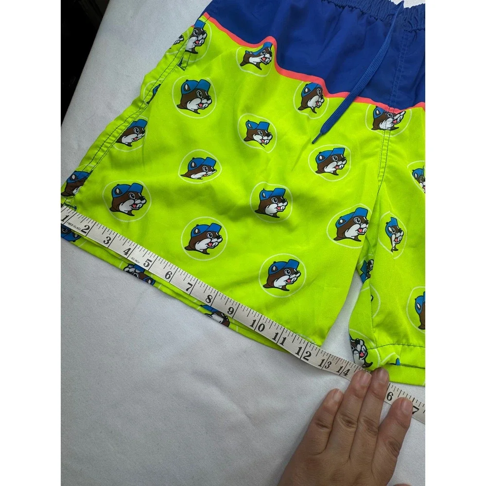 Buc-ees Mens 2X Swim Trunks Blue Lime Green Beaver Mascot Board Shorts Texas 2XL